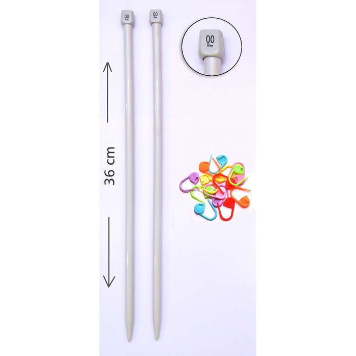 Plastic Extra Long 36 cm UK 00 (9.00 mm) Knitting Needle and 14 Stitch Markers