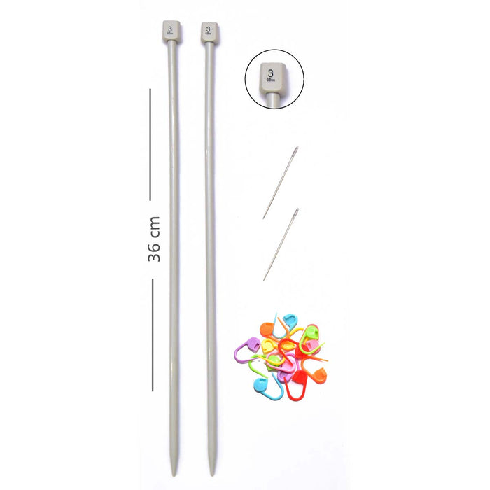 Plastic Extra Long 36 cm UK 3 (6.5 mm) Knitting Needle Pony 2 Needles 4.5 cm and 14 Stitch Markers