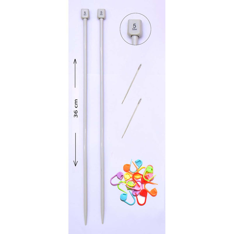 Plastic Extra Long 36 cm UK 5 (5.5 mm) Knitting Needle, Pony 2 Needle 4.5 cm and 14 Stitch Markers
