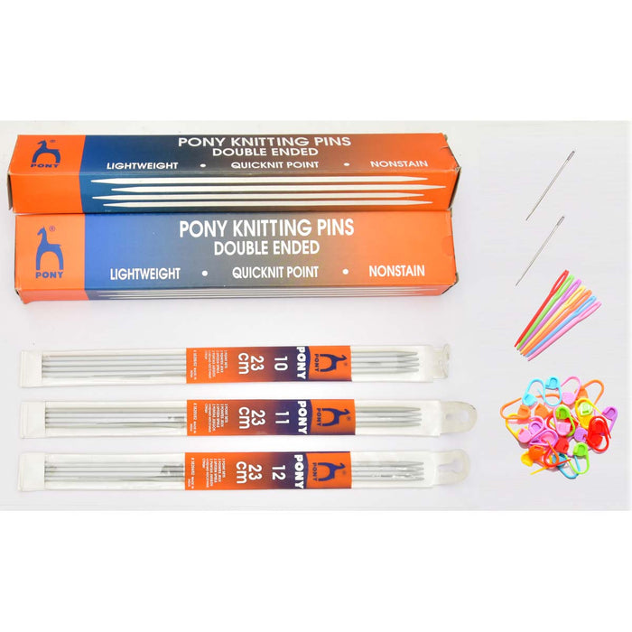 Pony Double Ended Needle 10, 11, 12, Pony 2 Needles 4.5 cm, 7 pc Plastic Needle and 25 pc Stitch Markers